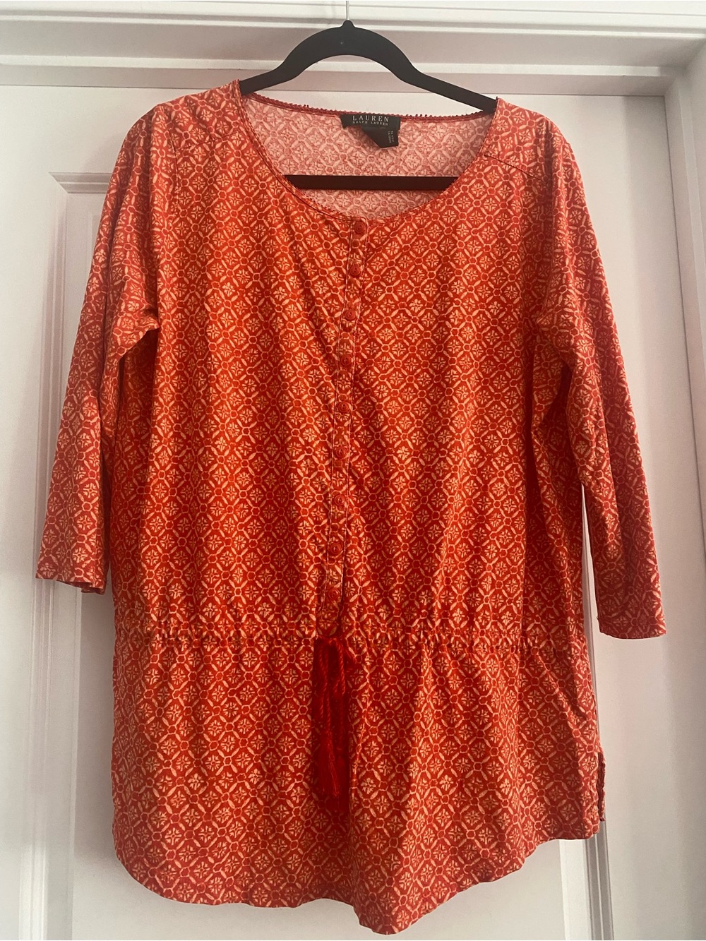 Lauren Ralph  Orange Printed Drawstring Tunic Top